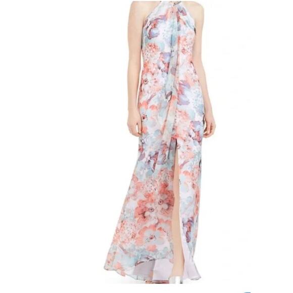 Calvin Klein Blue Floral Ruffle Halter Neckline Sleeveless Maxi Dress 4 Wedding - Picture 1 of 11